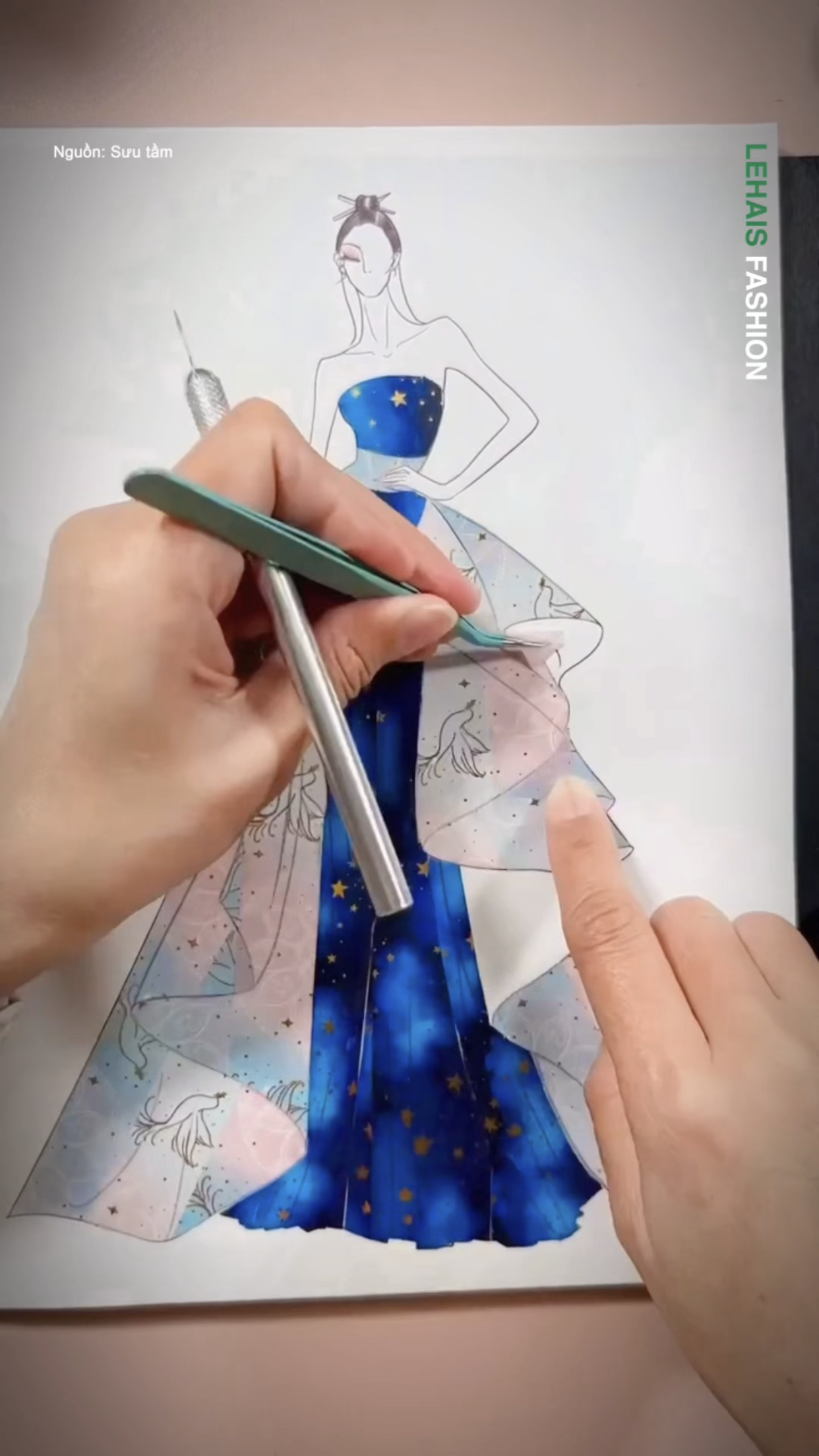 Ý tưởng thiết kế váy từ giấy với tông màu xanh quyến rũ