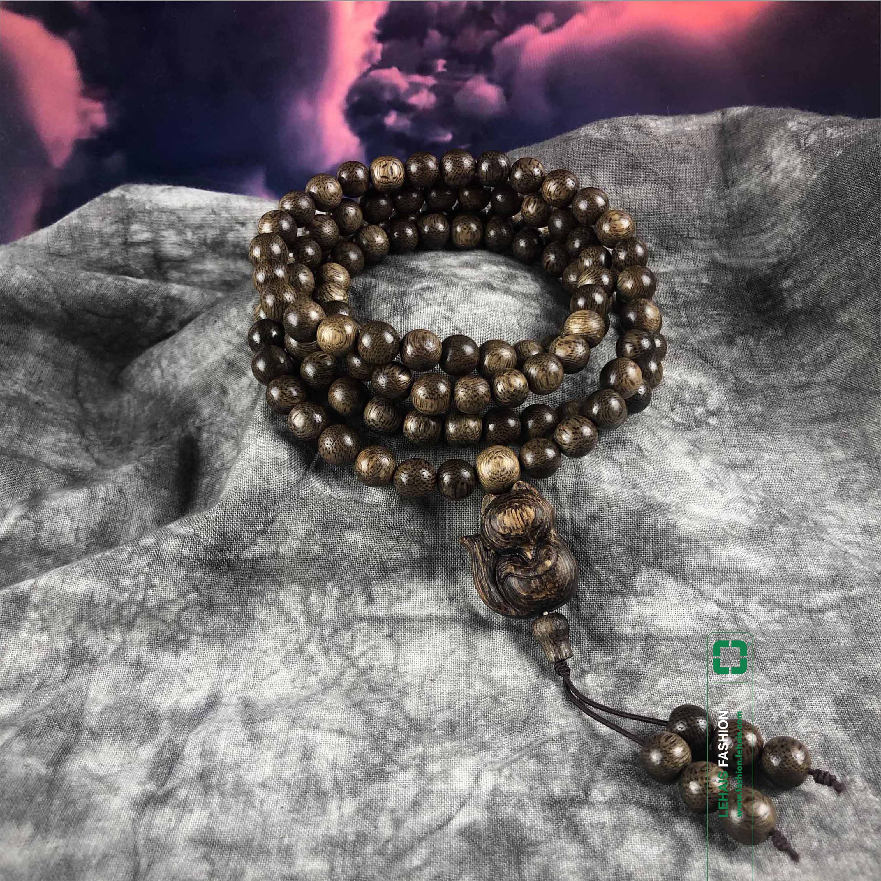 Agarwood necklace 8 cups 108 beads round gourd tail mixed with fox face - VC7LHFA