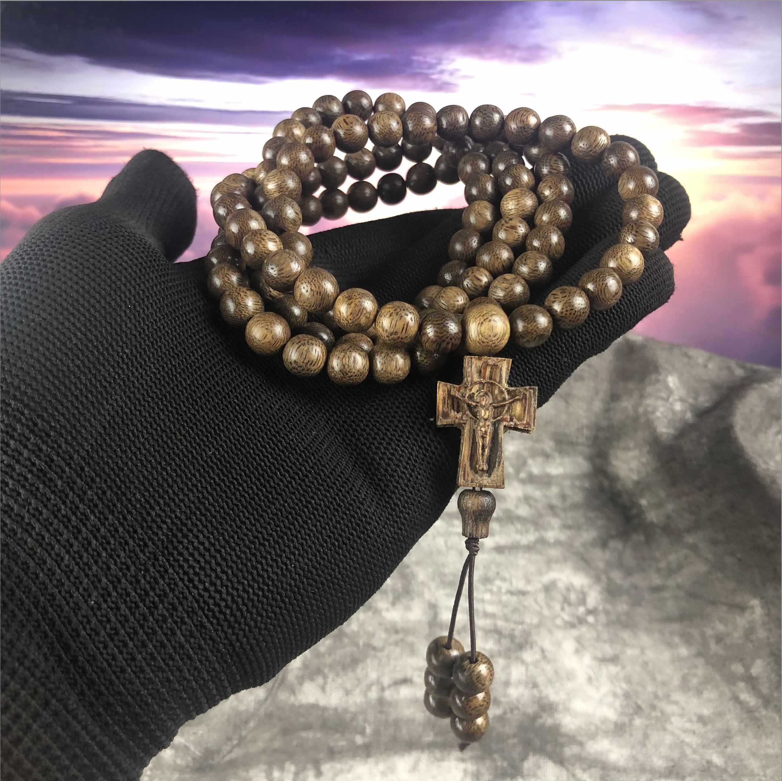 Agarwood necklace 8 cups 108 beads round gourd tail and cross face - VC8LHFA